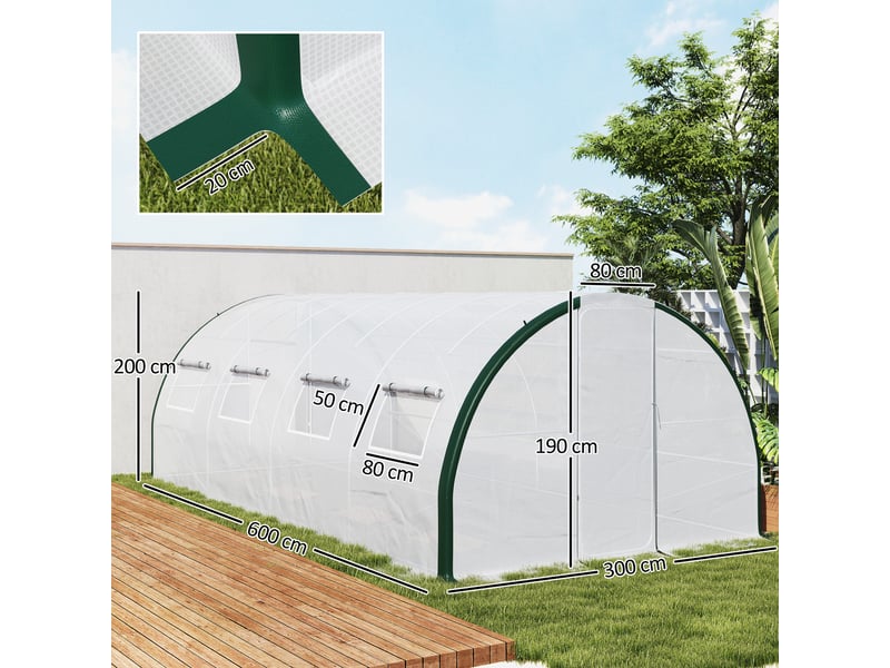  Serre tunnel de 6 x 3 m avec 2 entrées et 8 fenêtres, en pe, polyester et acier galvanisé, blanc et vert  - Conforama E