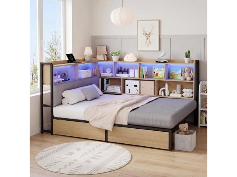  Lit double 140x200 cm avec led et 2 tiroirs, lit enfant avec usbtype-c et tête de lit rangement, naturel Bubbly - Conforama C
