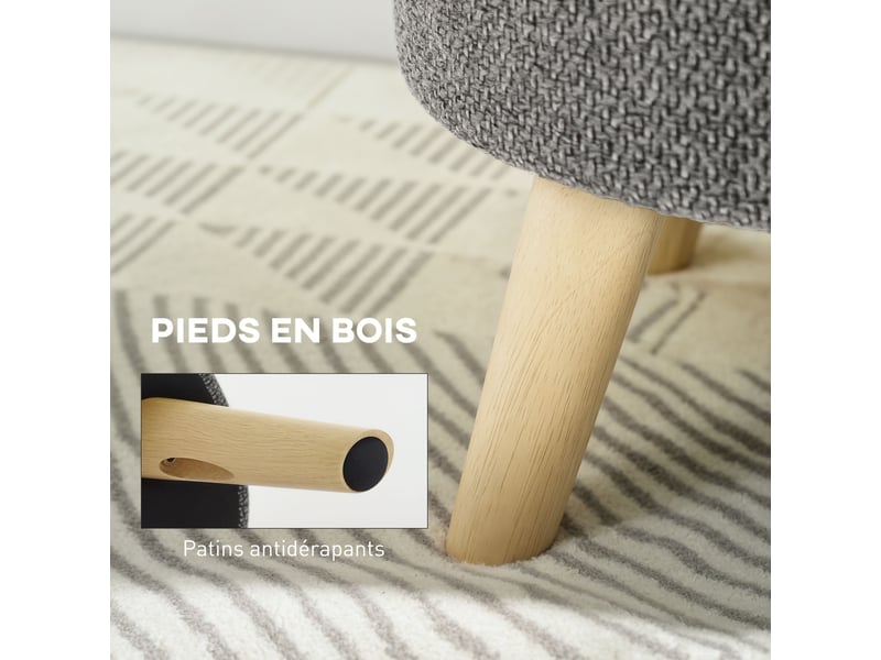  Pouf rond repose-pieds tabouret avec coffre de rangement pieds en bois design moderne gris  - Conforama W