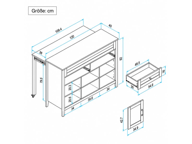  Îlot de cuisine 120 x 40-76 x 92 cm avec table coulissante, 2 tiroirs, 2 portes et rangements, blanc, en mdf robuste  - Conforama C