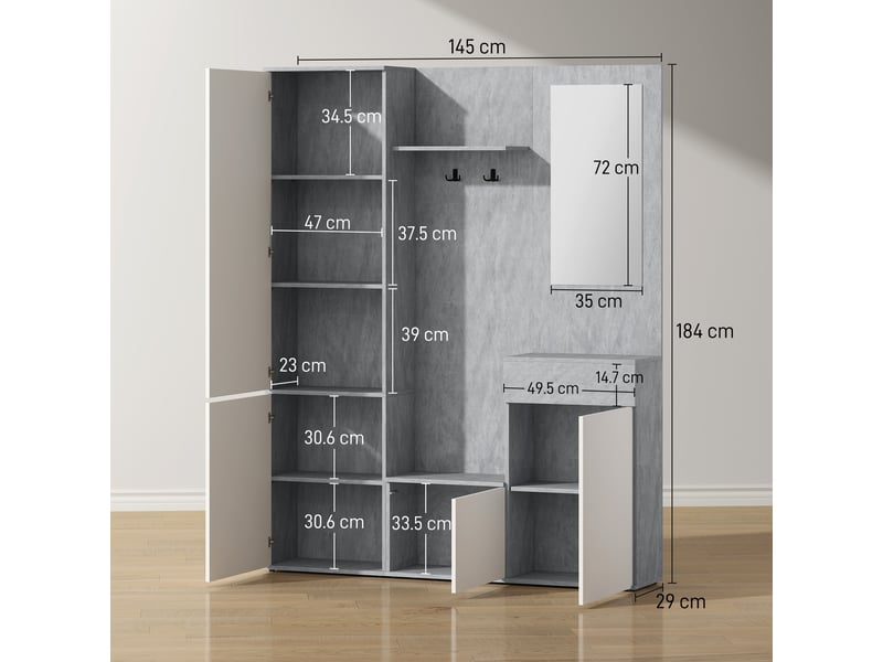  Meuble d'entrée 4 en 1 avec miroir, crochets et étagères intérieures, en bois, 145 x 29 x 184 cm, gris et blanc  - Conforama E