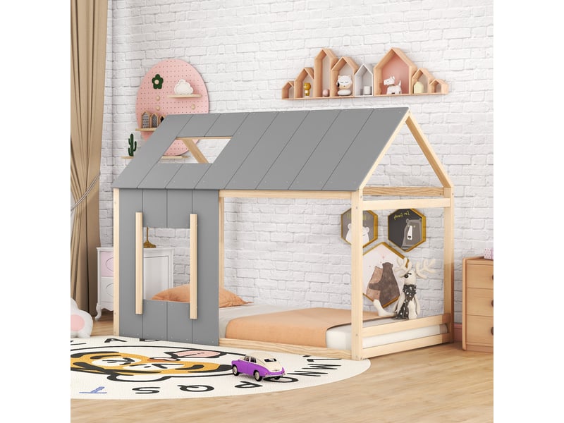  Modenvie lit enfant cabane 90x200 cm - avec toit et fenetre, structure en pin - pour chambre d enfant - naturel  - Conforama B