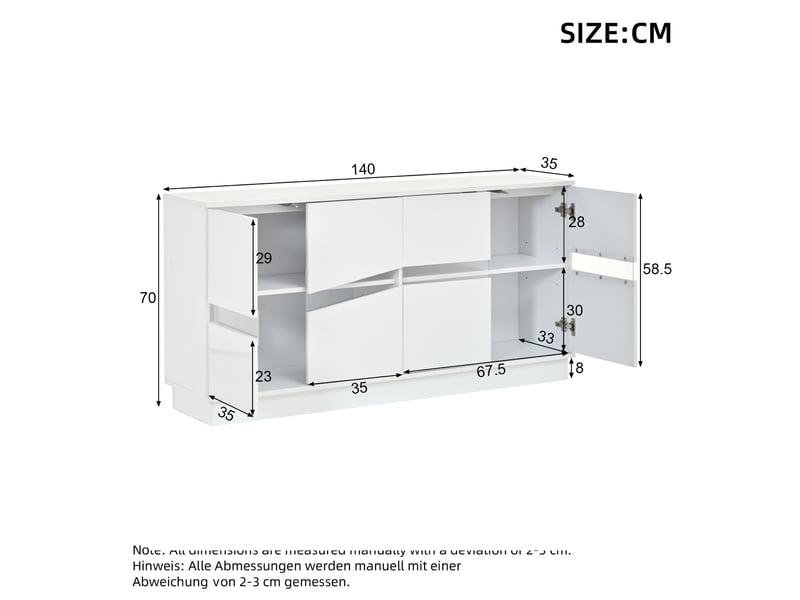  Buffet led 140x35x70 cm - 4 portes push-to-open et étagères réglables - meuble de rangement cuisine et salon - blanc CozyNest - Conforama C