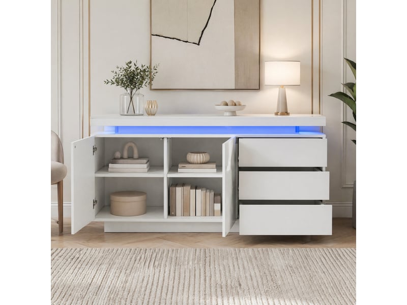 Buffet blanc avec led, 2 portes et 3 tiroirs - 140 x 35 x 72,5 cm - Conforama D