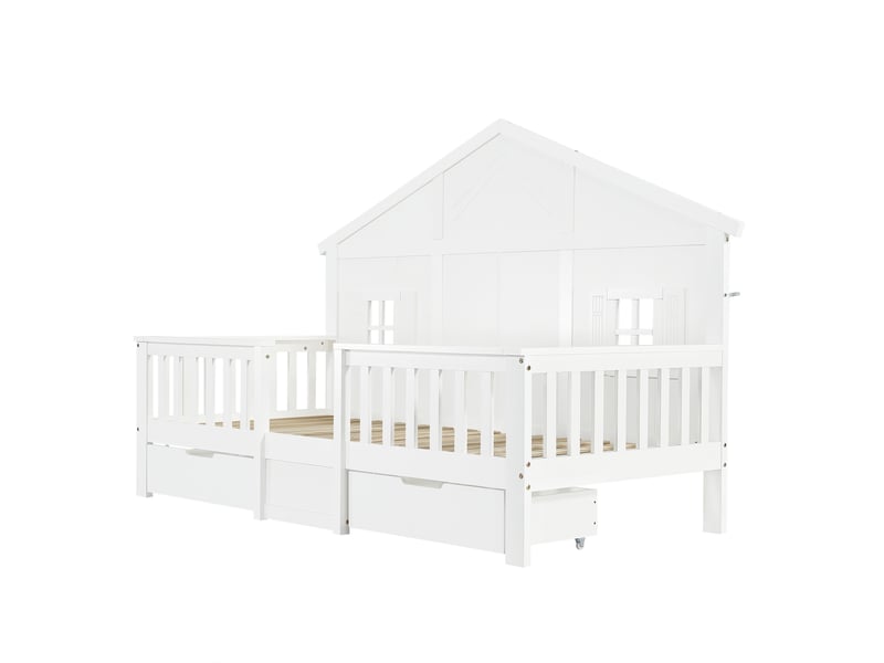  Lit cabane enfant 90x200cm, lit simple avec 2 tiroirs de rangement et fenêtre toit, bois de pin massif et mdf, blanc  - Conforama A