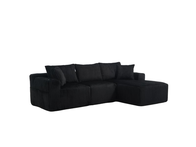  Canapé modulable avec méridienne 3 places en velours côtelé noir - mousse haute densité  - Conforama A