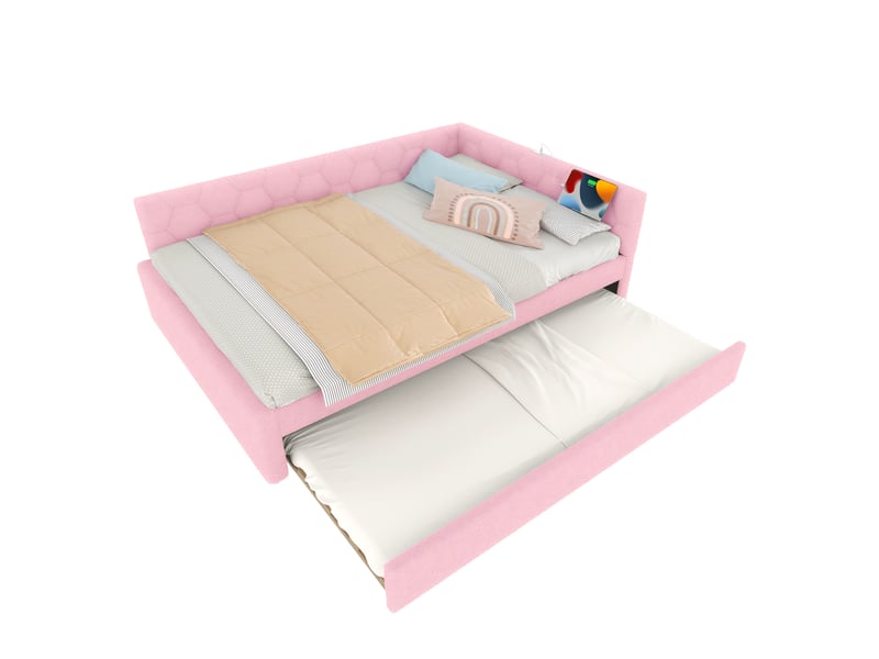  Lit de jour 140x200 canapé-lit rose avec lit gigogne multifonction ports usb type-c et lampe de chevet  - Conforama A