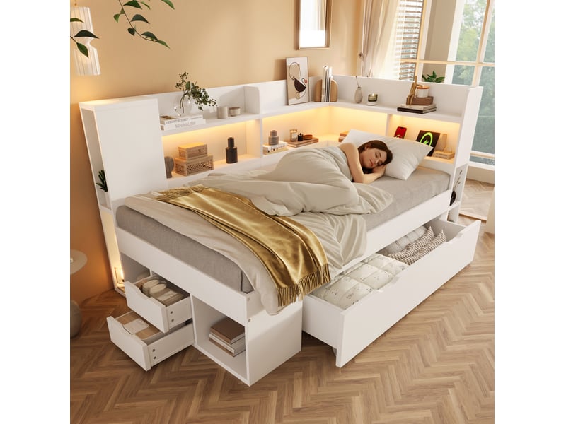  Lit banquette 90x190 cm avec led, usb et rangements coloris blanc  - Conforama E