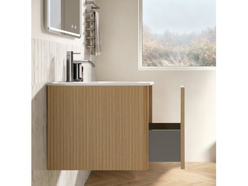 Meuble sous vasque suspendu avec miroir led 80 x 60 cm, bois clair et vasque en pierre de synthèse pour salle de bains - Conforama D
