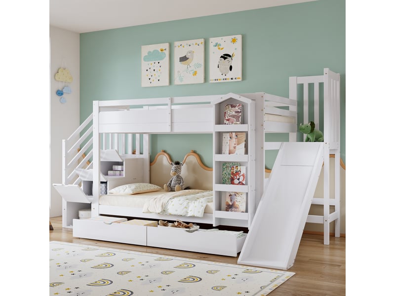  Lit superposé enfant 90x200cm en pin, mdf et contreplaqué blanc avec toboggan, 2 tiroirs et rangement  - Conforama E