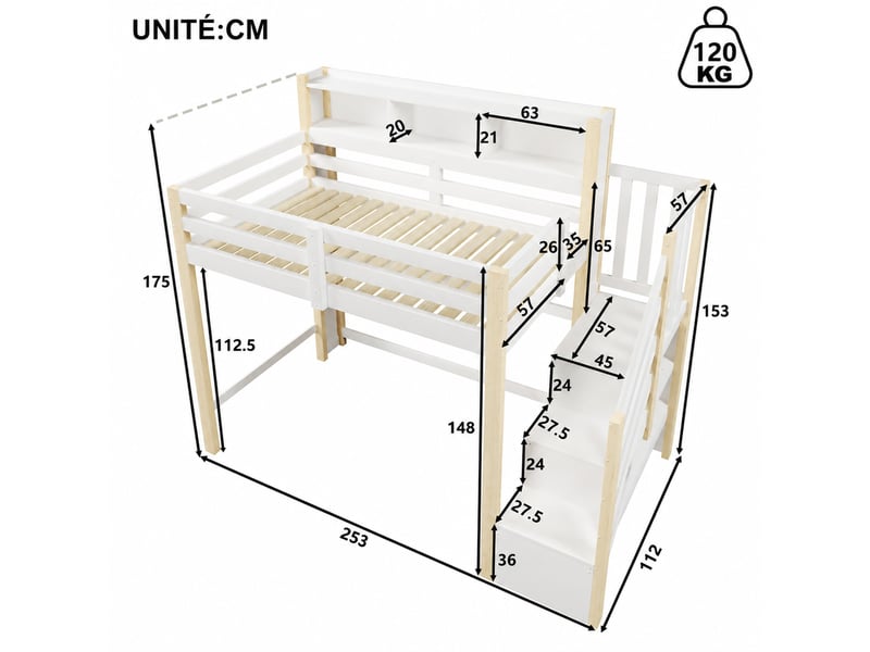 Lit mezzanine en bois et mdf, lit simple 90x200 cm avec led, escalier de rangement et garde-corps, sans matelas - Conforama D