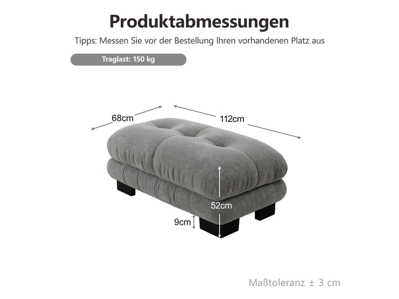  Pouf repose-pieds salon - 112x68x52 cm - ottoman velours confortable en chenille - gris  - Conforama E