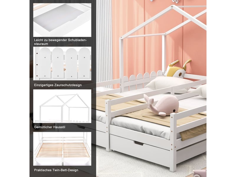  Lit cabane enfant 200x90cm avec 2 tiroirs - lit enfant - design double, bois massif blanc, sommiers inclus, barrières  - Conforama E