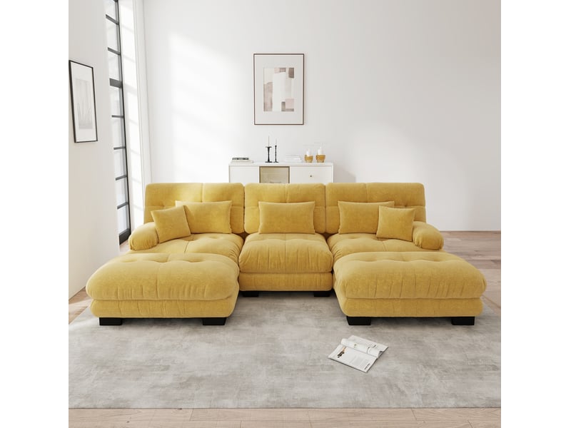  Canapé d'angle modulable ulevr panoramique u convertible 3 places 313 x 145 cm en chenille jaune avec ottomans  - Conforama B