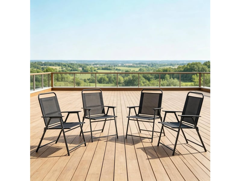  Lot de 4 chaises de jardin pliantes noires en acier et textilène avec accoudoirs  - Conforama E