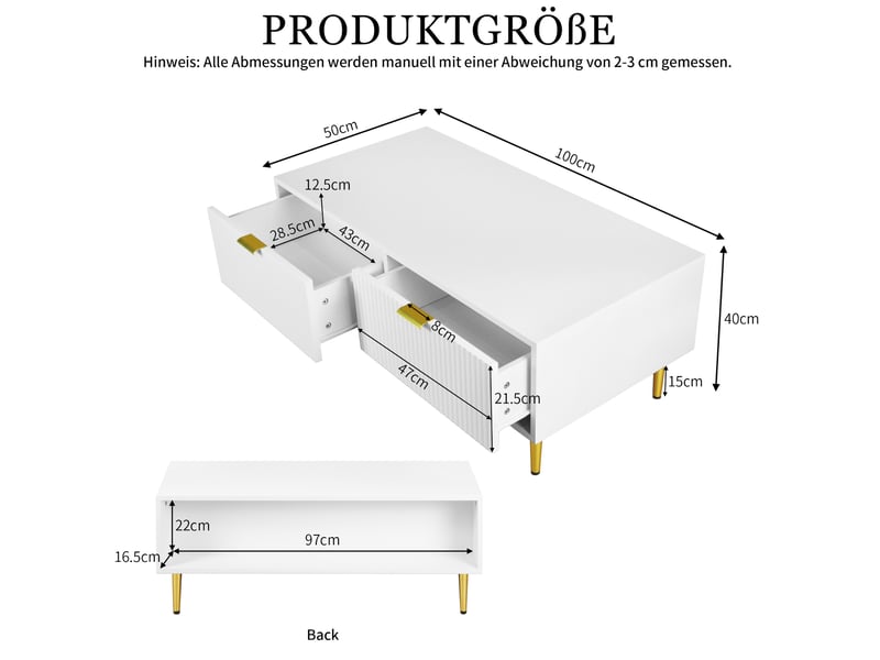  Table basse 100x50x40 cm avec 2 tiroirs en mdf blanc et accents dorés  - Conforama E