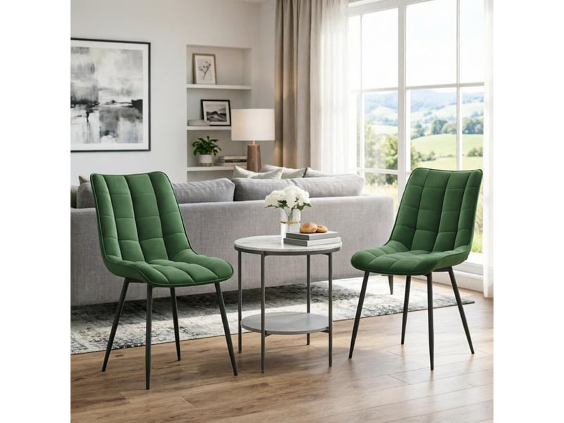  Lot de 2 chaises de salle à manger en velours vert foncé, piètement métal, confort au quotidien  - Conforama E
