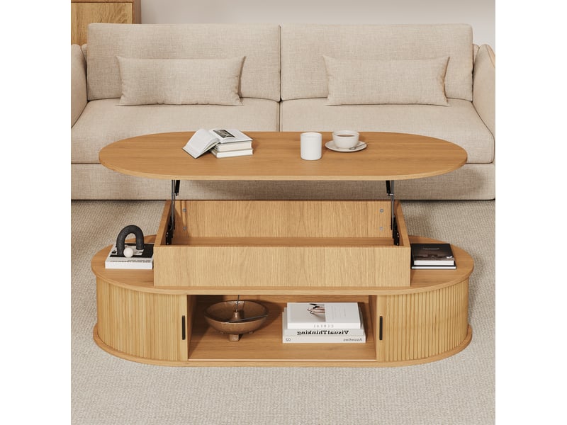  Table basse ovale relevable 100x50x40 cm avec rangement, en mdf, aspect noyer  - Conforama D