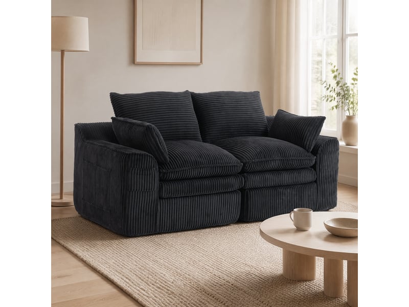 Canapé droit modulaire 2 places en velours côtelé noir avec poches latérales, confort souple pour le salon - Conforama B
