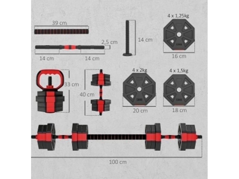 Set de musculation 4-en-1 réglable 20 kg 100x18x18 cm rouge  - Conforama C