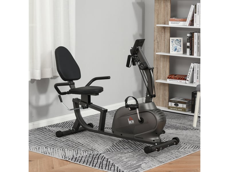 Vélo couché magnétique avec 8 niveaux de résistance, écran lcd, siège réglable et sangles de maintien pour les bras. - Conforama D