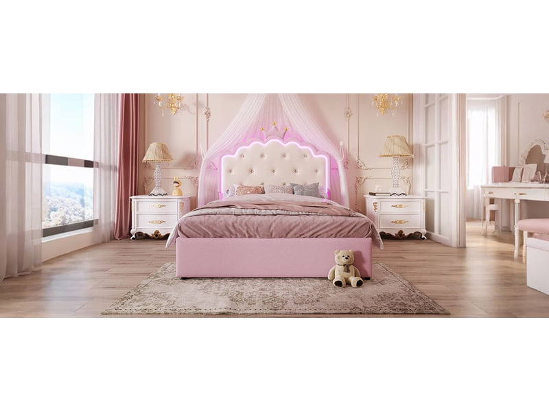  Lit coffre 140x200 cm rose pu avec sommier à lattes éclairage led télécommande lit gigogne 2 tiroirs Sol Morn - Conforama D