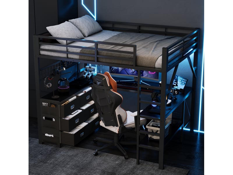 Lit mezzanine 140 × 200 cm 2 places avec 6 tiroirs, bureau, étagères et led, sans matelas, métal noir  - Conforama C