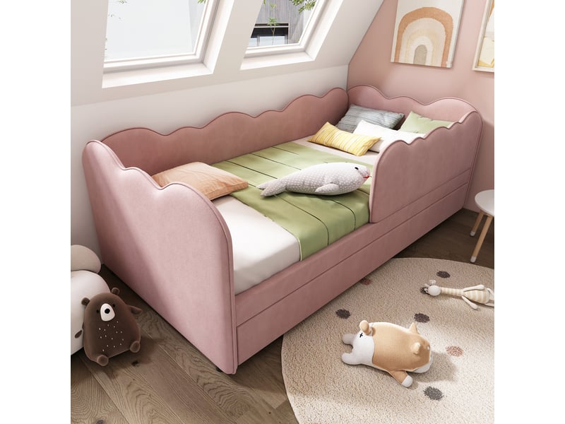  Lit banquette gigogne 90 x 190 cm, couchage gigogne, barrières latérales, sommier à lattes, structure rembourrée, pour la chambre, velours, rose ABC - Conforama E