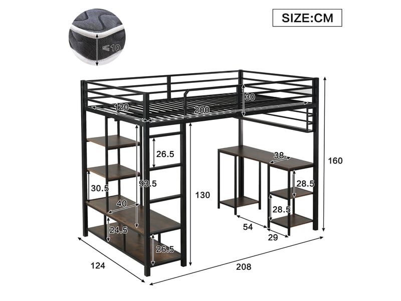  Lit mezzanine enfant 120 x 200 cm avec bureau intégré, étagère de rangement, échelle 4 marches, sommier à lattes, métal noir et effet bois foncé  - Conforama E