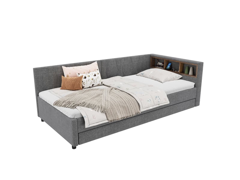  Lit enfant 90x200 cm (gigogne 90x190 cm) gain de place led couleur usb et type‑c rangements lin mdf gris sans matelas  - Conforama A