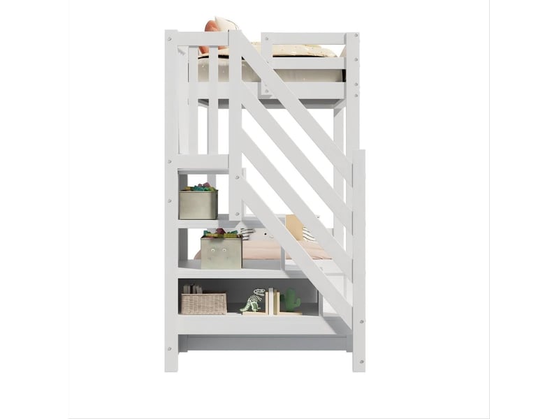 Lit superposé enfant 90x200 cm – blanc – banquette réglable, escalier de rangement et 2 tiroirs – sans matelas  - Conforama E