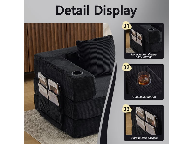 Canapé convertible, canapé-lit, en velours tricoté, noir, poches latérales, porte-gobelets, chambre, pour salon - Conforama E