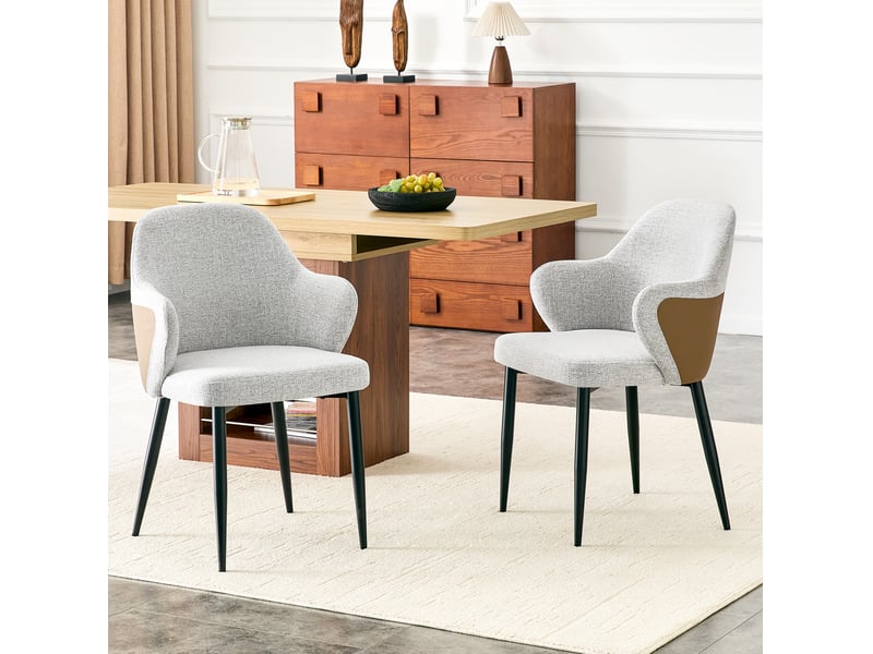 Lot de 2 chaises d'appoint gris clair, hauteur 83 cm, accoudoir absent, assise en tissu structuré gris clair et pu marron, pieds métalliques croisés noirs, design moderne élégant - Conforama B