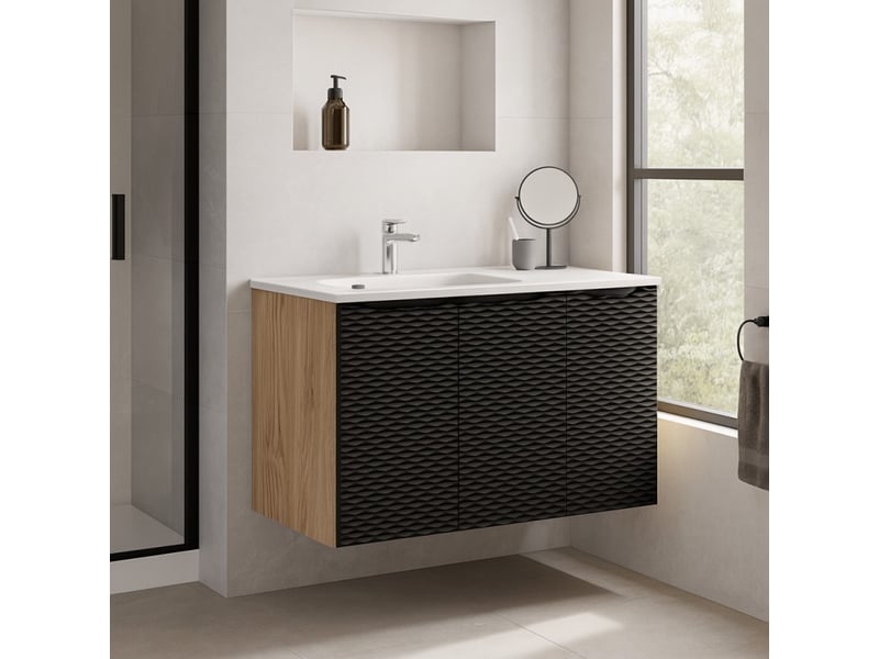 Ensemble de salle de bain yoka noir : meubles sous vasque à placard 90cm + vasque à encastrer - Conforama B
