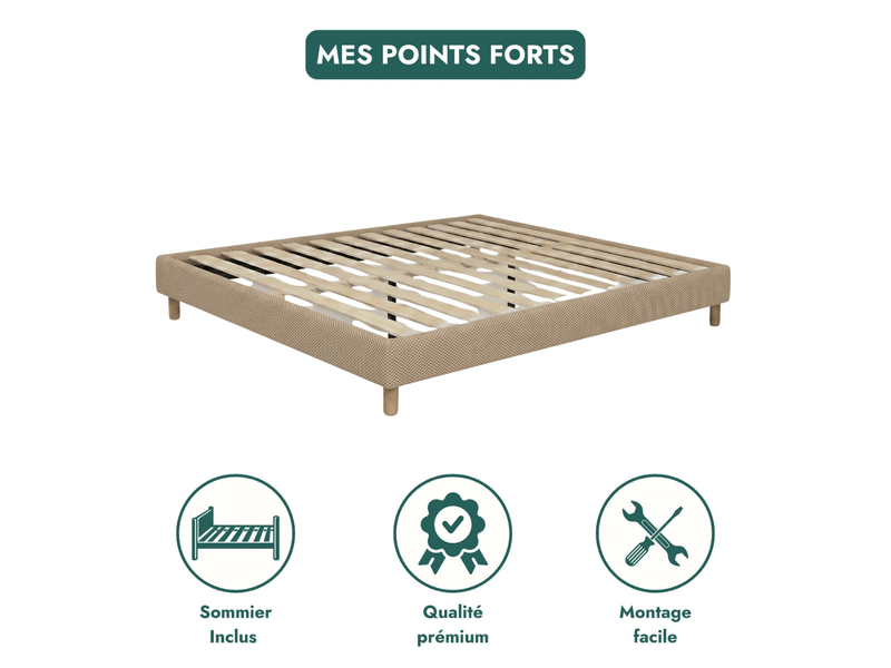 Sommier tissu deco 90x190 cm - tissu mesh 3d beige - cadre de lit avec pieds bois inclus C02-DECO10 90/190 3DBE - Conforama C