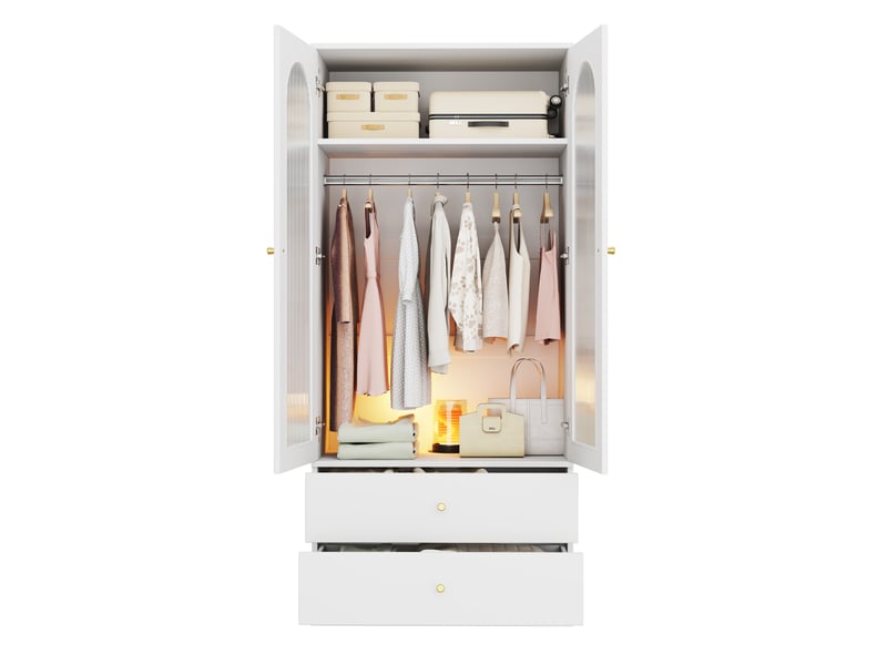  Armoire de chambre blanche 90x50x200 cm avec 2 tiroirs, 2 portes en verre cannelé et 1 penderie  - Conforama A