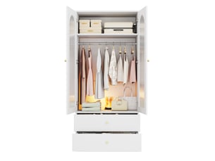 Armoire de chambre blanche 90x50x200 cm avec 2 tiroirs, 2 portes en verre cannelé et 1 penderie