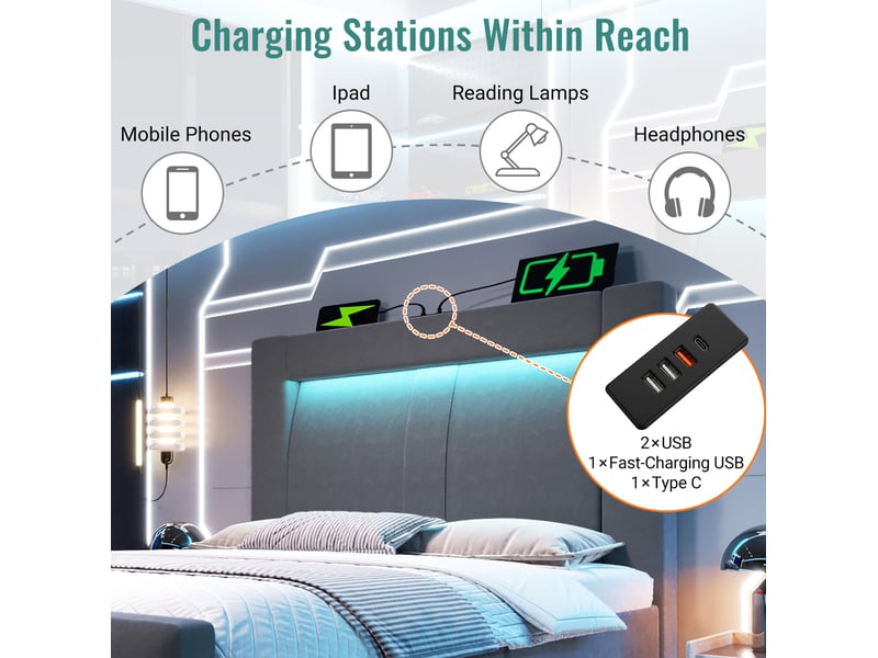  Lit coffre adulte 90x200 cm – gris – led, 3 ports usb et usb-c, matelas inclus, rangement hydraulique intégré  - Conforama E