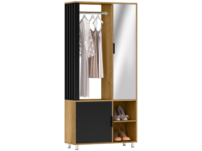  Armoire avec miroir et penderie, compartiments de rangement, étagères ouvertes, bois naturel, noir  - Conforama A