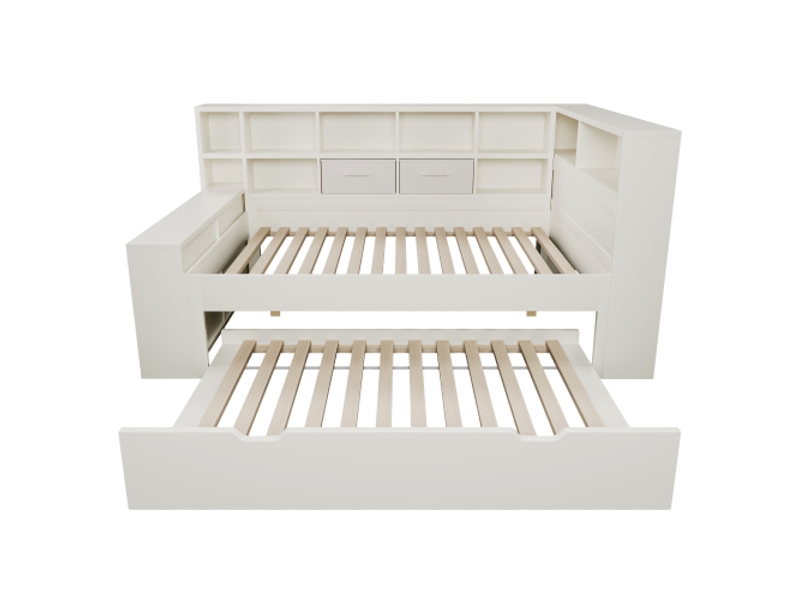 Lit gigogne 90x190 cm blanc, couchage 90x190 cm, 8 niches de rangement, 2 tiroirs en tissu, 3 ports usb et type-c, bois de pin - Conforama A