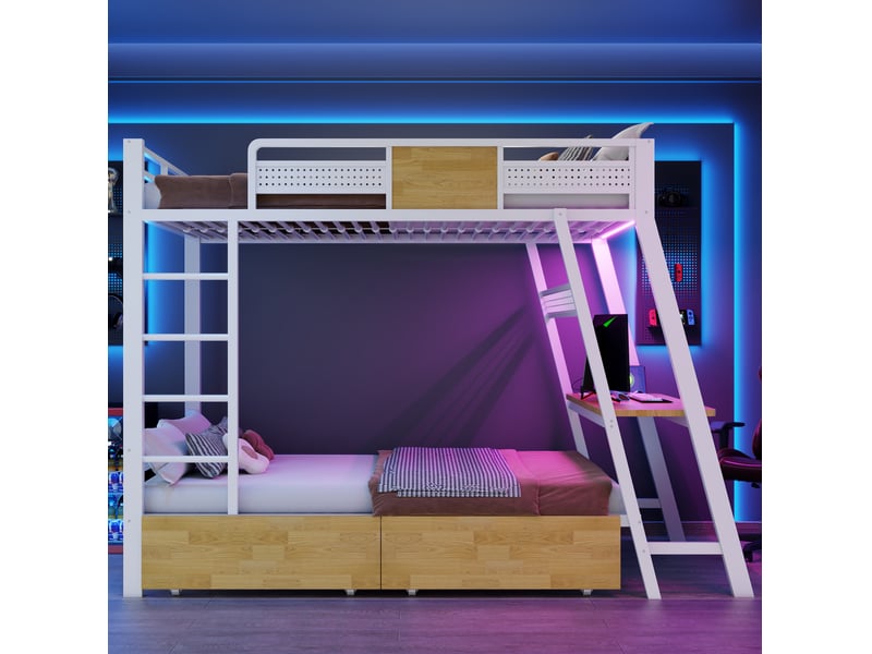  Lit superposé, 90 x 200 cm, mobilier enfant, avec bureau intégré, led, matelas non inclus, mdf et métal, coloris blanc  - Conforama D