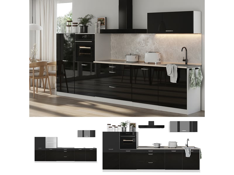 Vicco cuisine, noir haute brillanceblanc, 340cm plan de travail marbre - Conforama D