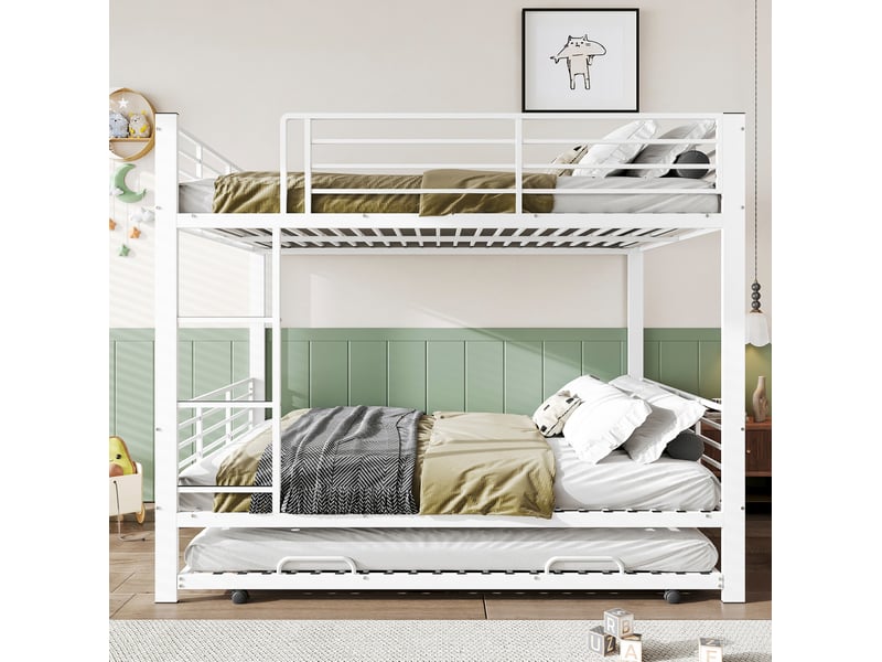  Lit superposé 3 places 140x200 cm avec lit gigogne en métal couleur blanc, sans matelas, design industriel  - Conforama B