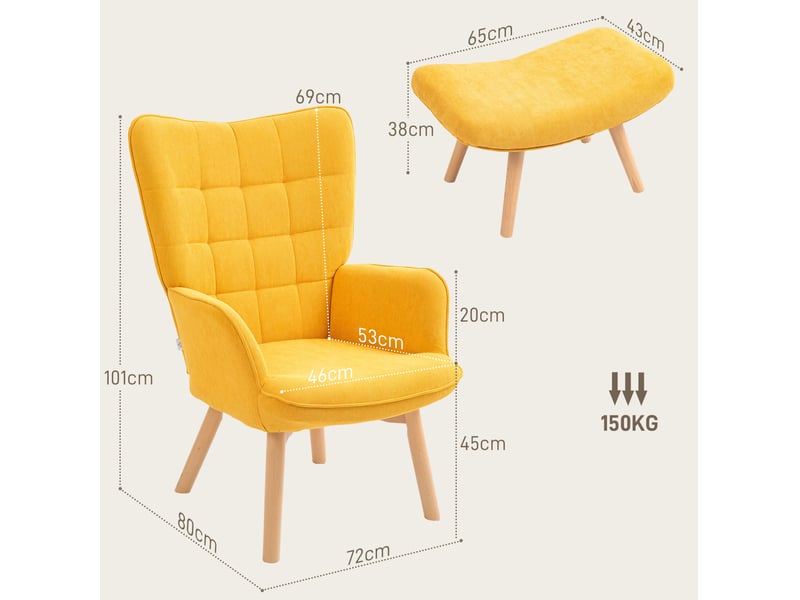  Fauteuil avec pouf à dossier haut et accoudoirs, assise rembourrée et patins réglables en polyester orange  - Conforama C