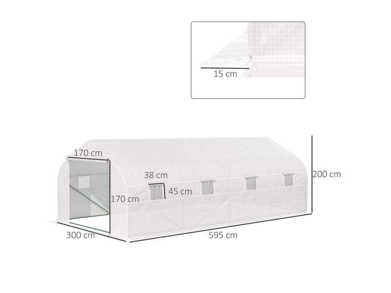  Serre tunnel de jardin 18 m² dim. 5,95l x 3l x 2h m porte + 8 fenêtres enroulables acier galvanisé bâche pe haute densité blanc  - Conforama E
