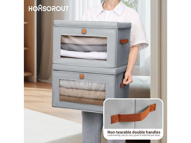 Boîtes de rangement pliables 2 pièces, organiseurs de placard en tissu avec poignées et fenêtre, gris - Conforama E