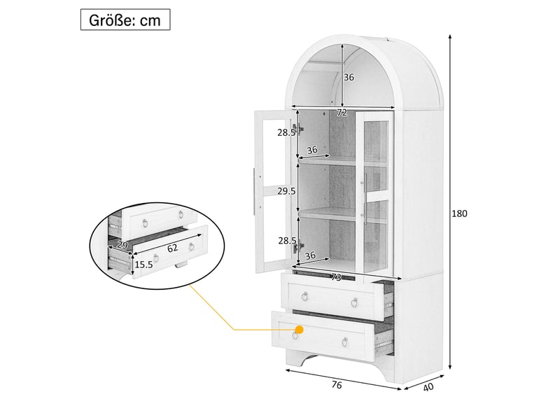 Buffet de cuisine - 76 x 40 x 180 cm - meuble de rangement et vaisselier avec portes en verre et tiroirs - blanc - Conforama E