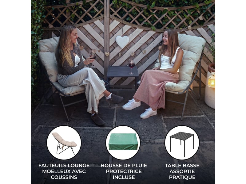  Ensemble bistro de jardin gris 3 pièces, 2 fauteuils avec coussins épais, table basse, cadre en acier thermolaqué, mobilier extérieur terrasse balcon, 216741 - Conforama D