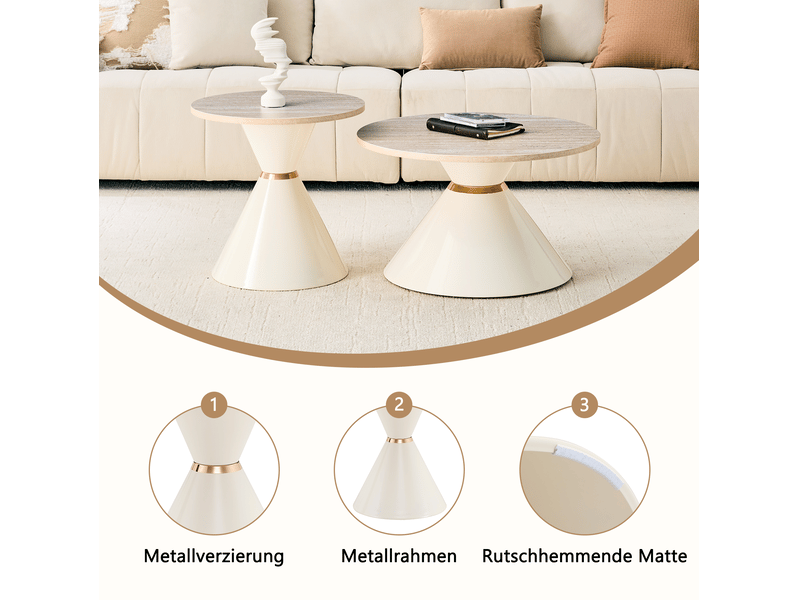  Tables basses gigognes avec 2 plateaux ronds et structure conique, finition pierre, en métal et mélamine, crème  - Conforama E