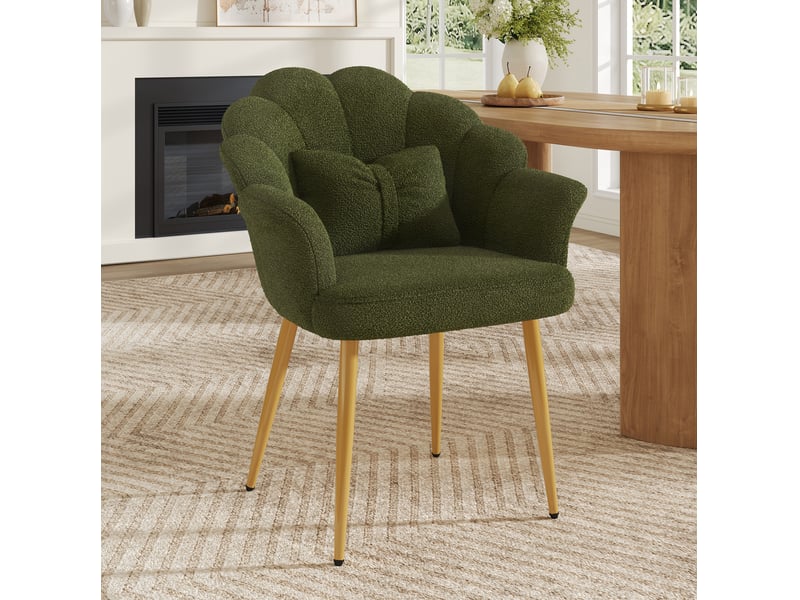  Fauteuil de salle à manger à dossier pétale avec accoudoirs et coussin, pieds en métal doré, tissu peluche vert  - Conforama B